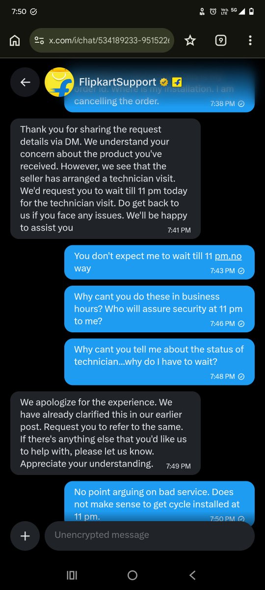 KaushikMeta's tweet photo. @flipkartsupport Here is the reply I get from Customer care who are not sure also about installation and they want me to be awake and let a unknown person at 11 pm. Will Flipkart take responsibility of my security? https://t.co/azNRJyHmkQ