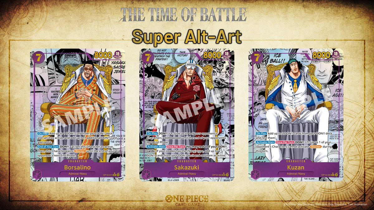 Borsalino, Sakazuki, and Kuzan were revealed as the Manga Rare cards for  OP16 The Time of Battle. : May 30, 2026 : June 12, 2026 #OnePiece  #OnePieceCardGame