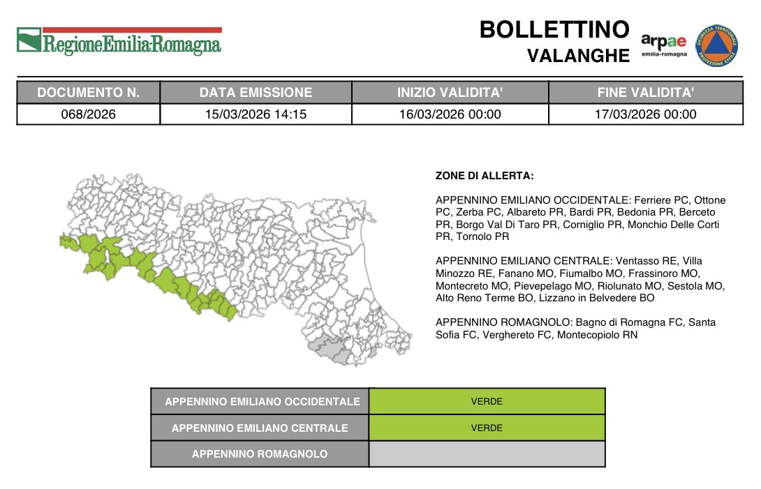 🏔️#BollettinoValangheER VERDE nessuna allerta dalle 00:00 del 16/03/2026 alle 00:00 del 17/03/2026 ➡️ bit.ly/4bsPriO