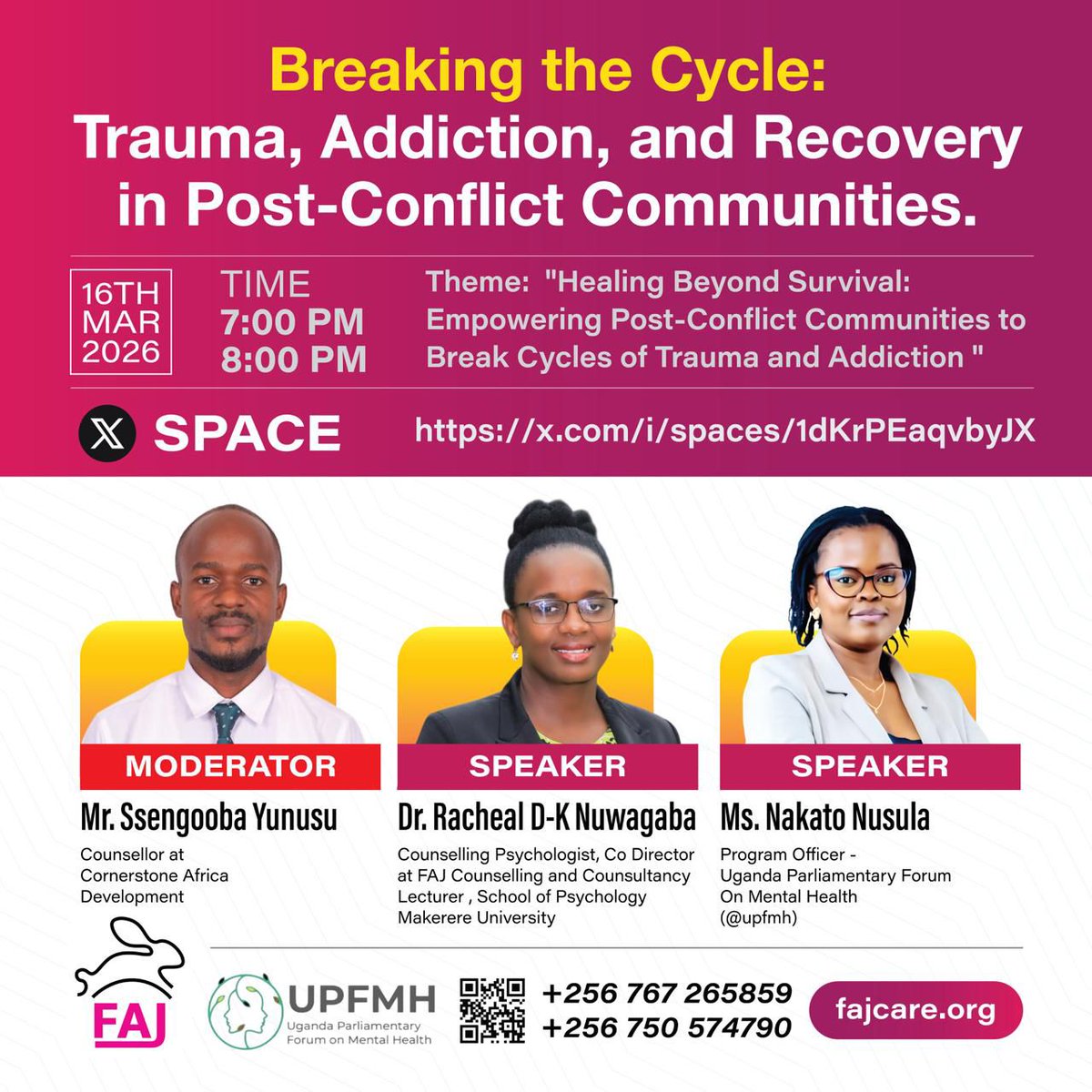 Ssengoobayunus1's tweet photo. Join our X Space discussion:
Breaking the Cycle: Trauma, Addiction &amp; Recovery in Post-Conflict Communities.
📅 16 March 2026
⏰ 7:00 PM
Exploring healing, resilience &amp; recovery pathways in post-conflict communities.
https://t.co/xC2kG6l6dl
@nusula_official @UPFMH2020 https://t.co/Vs28x9r7GE