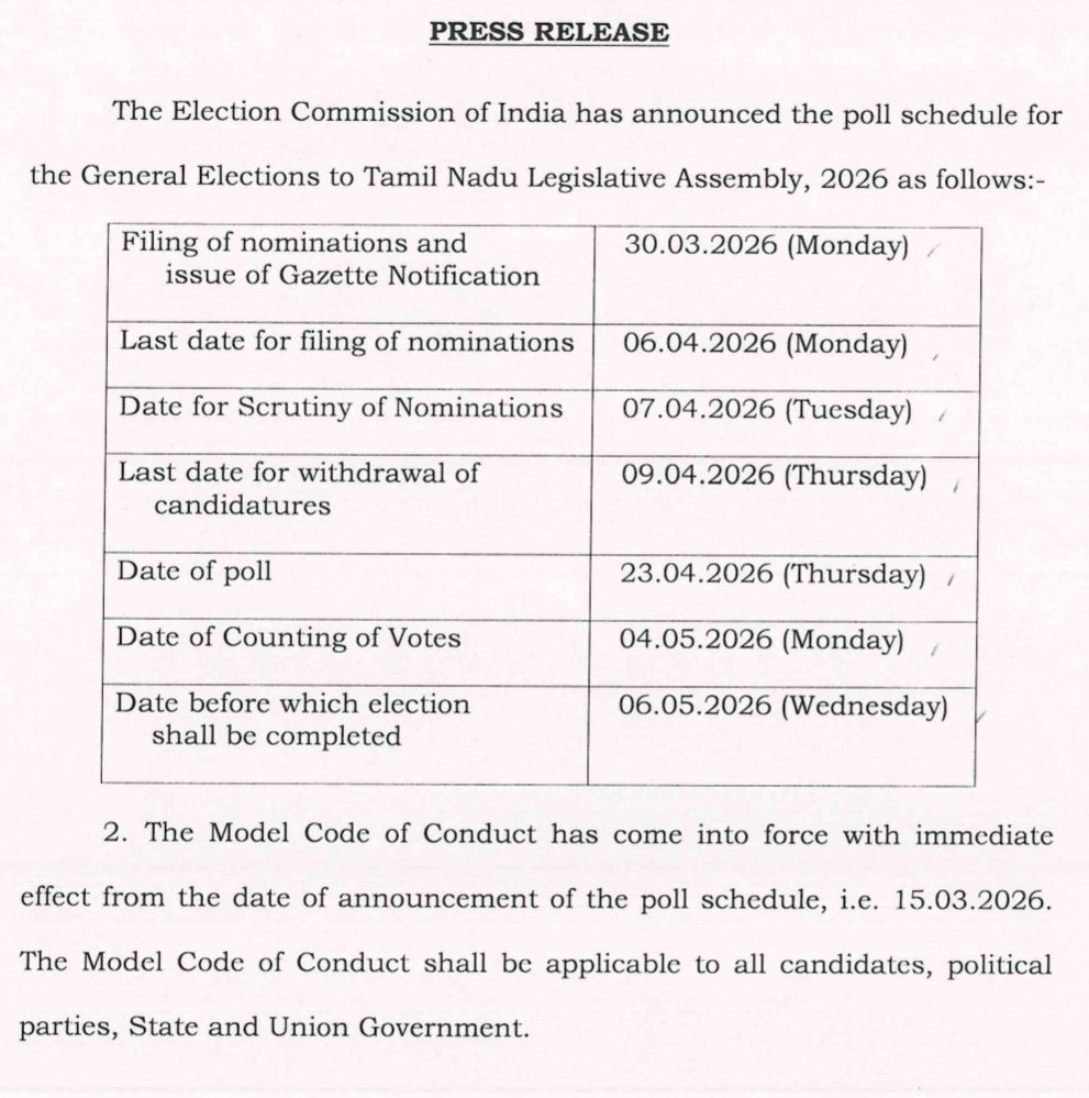 The Election Commission of India
has announced
the schedule for
the Tamil Nadu Legislative Assembly Elections.

Model Code of Conduct is now in force.

Let us work together to ensure a free, fair and peaceful election
in #Cheyyar
with maximum voter participation.
#TNElection2026