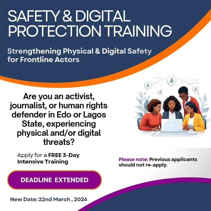 If you are working on human rights, gender justice, accountability, anti-corruption, or community advocacy and have experienced any form of threat, this opportunity is for you.
📍 Location: Lagos / Edo
🗓 Duration: 3 Days
💼 Fully Sponsored

Apply here:
forms.gle/jKK6mMvp8stqUS…