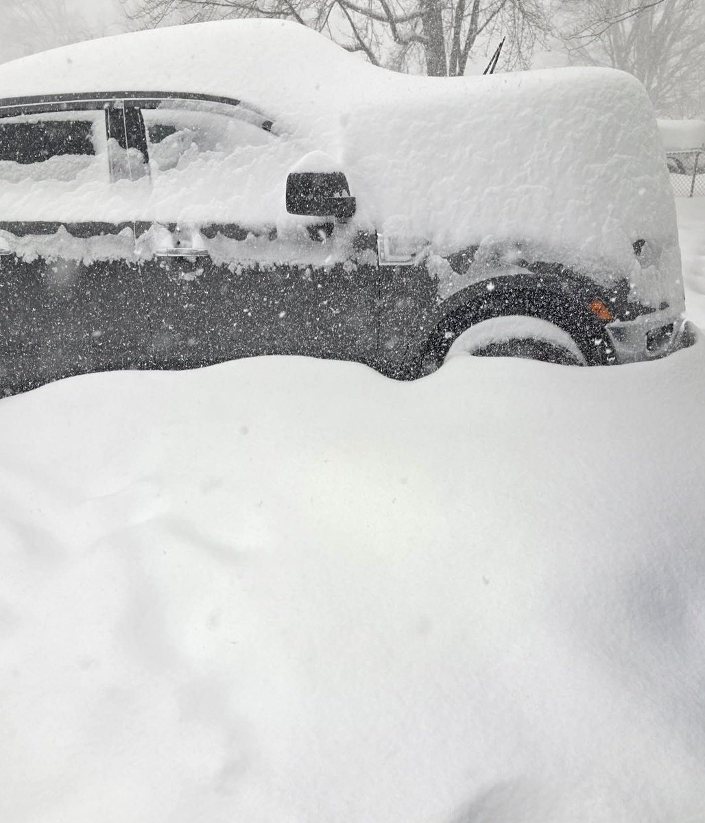 I am measuring about 15 inches so far outside of our house. Its piling up quickly at about 3 inches an hour and it is supposed to get worse. Havnt lost any power or internet, thankfully. My poor pups were swimming in the back yard though. Had to clear a small path for them.