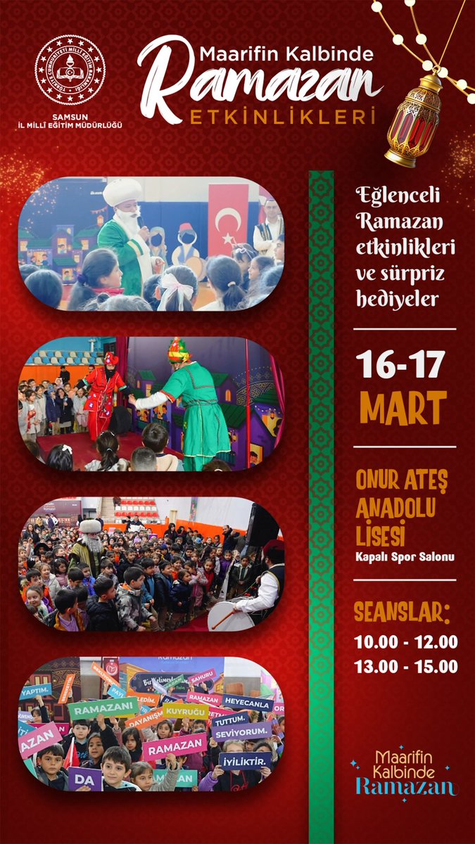 samsunmem's tweet photo. 🌙 Maarifin Kalbinde Ramazan – Ramazan Şenlikleri

Ramazan ayının birlik, paylaşma ve kardeşlik ruhunu öğrencilerimizle birlikte yaşamak için Bakanlığımız koordinesinde düzenlediğimiz "Ramazan Şenlikleri" programına tüm öğrenci ve ailelerimizi bekliyoruz. https://t.co/PaDCyf9cNG