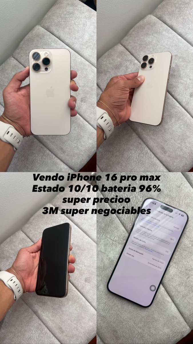 danieeelitaa27's tweet photo. Vendo mi iPhone 16 pro max 3.200.000 super negociablesss!! Estado 10/10, tiene la bateria al 96% se entrega con caja. 

Me ayudan porfis con un RT 🙏🏽🫶🏽 https://t.co/PKgJWwxe8o