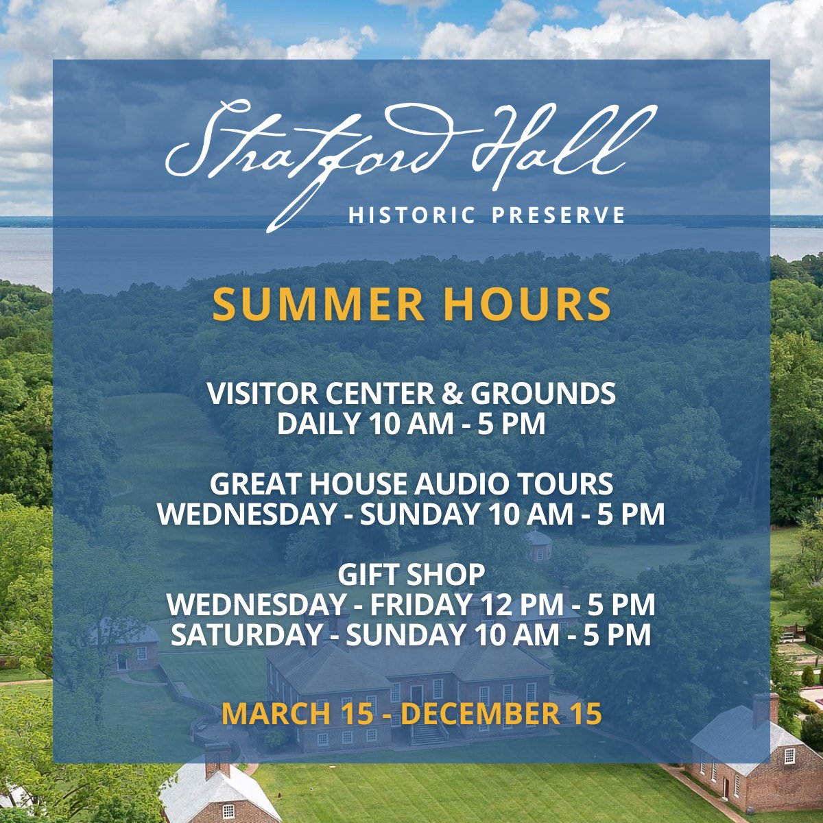 StratfordHall's tweet photo. ☀️ Summer hours resume this week!

🌳 Visitor Center &amp; Grounds:
Daily, 10 am - 5 pm

🏠 Great House Audio Tours:
Wednesday - Sunday, 10 am - 5 pm

🎁 Gift Shop:
Wednesday - Friday, 12 pm - 5 pm
Saturday - Sunday, 10 am - 5 pm
(admission not required)

https://t.co/HHT5niKJOR https://t.co/BgFU75XgMJ