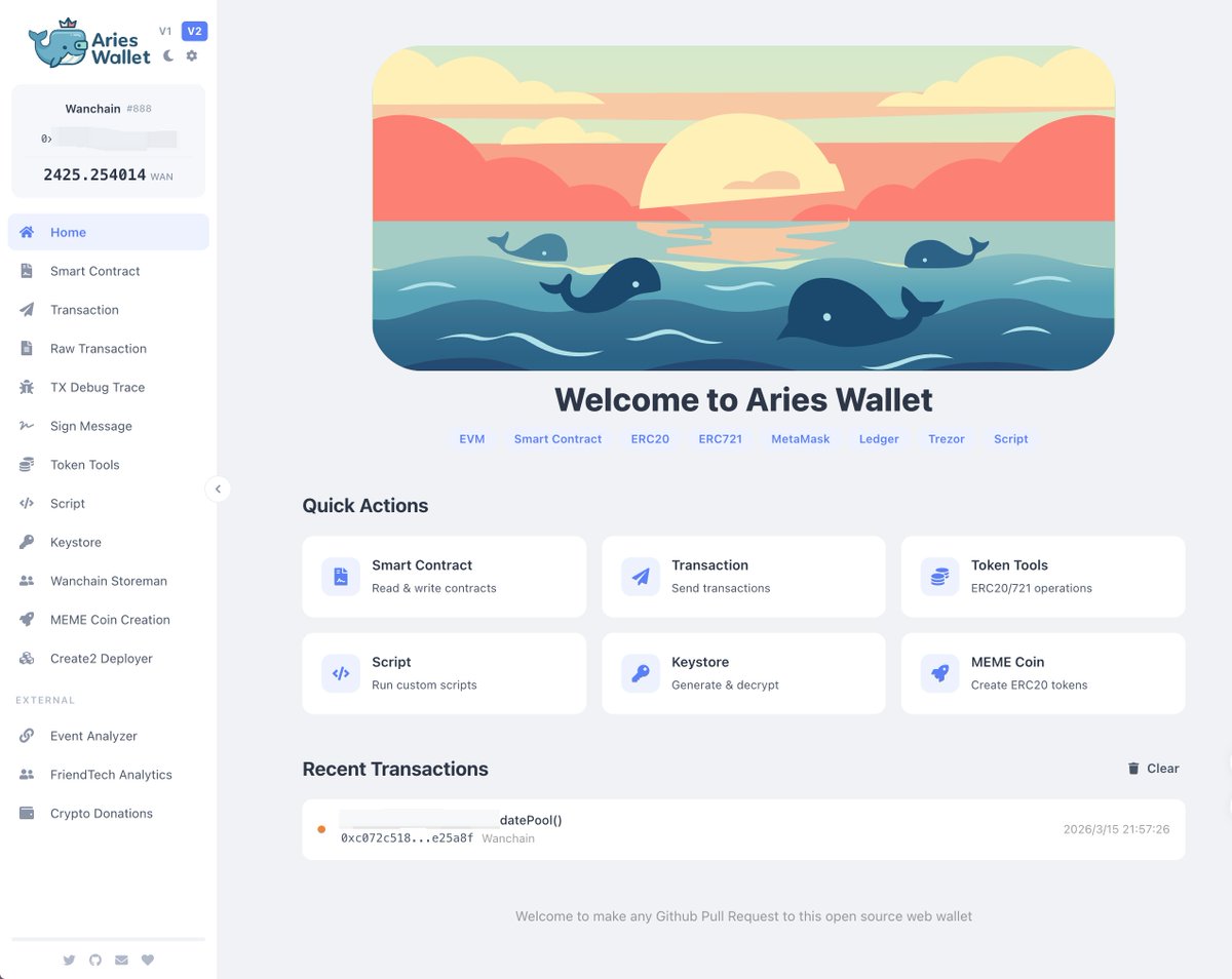aries_wallet's tweet photo. Aries Wallet V2 is live! Complete rewrite with dark mode, TX debug tracer, auto ABI fetch (Etherscan + Sourcify with proxy support), tx history, and mobile responsive. Try it → https://t.co/tybY8kpS8X https://t.co/utbW9qdb1W