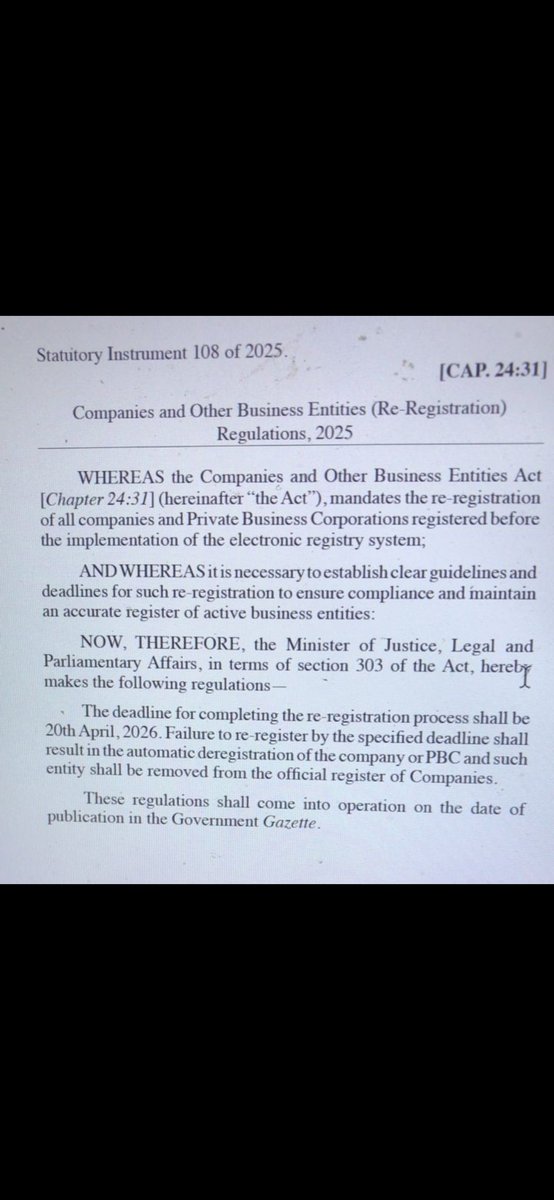 🧵 1/ Attention Business Owners in Zimbabwe!
Many companies are missing the re-registration deadline. Ignoring it could cost your business BIG. Here’s what you need to know 👇
2/ Why re-registration matters:
✅ Keeps your company legally active
✅ Avoids fines or penalties
✅