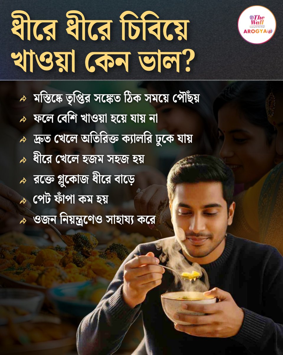 TheWallTweets's tweet image. ধীরে ধীরে চিবিয়ে খাওয়া কেন ভাল?
#MindfulEating #ChewYourFood #HealthyHabits #DigestionTips #WeightLossJourney #HealthyLiving #WellnessTips #NutritionFacts #TheWallAmritakatha #GutHealth #TheWallNews