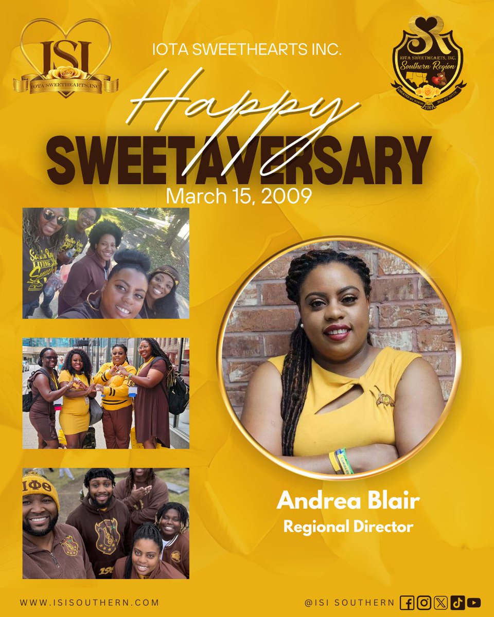ISI_Southern's tweet photo. Happy Sweetaversary to our region’s Director Sweetheart Andrea Blair! Thank you for your years of dedicated service to our sisterhood and our region.
#ISI2014 #IotaSweethearts #Sweetaversary https://t.co/4n4A22s3EN