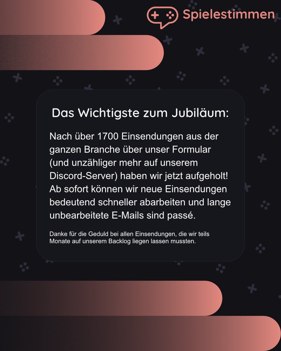 spielestimmen's tweet photo. Schon in den ersten Tagen haben wir unzählige Einsendungen sowie enorm viel Zuspruch erhalten. 

Es hat zwar aufgrund der Masse seine Zeit gedauert, alle Einsendungen abzuarbeiten, doch nun ist der Backlog abgehandelt und wir sind bereit, neue Einreichungen bedeutend abzuarbeiten https://t.co/wX47OWRImI