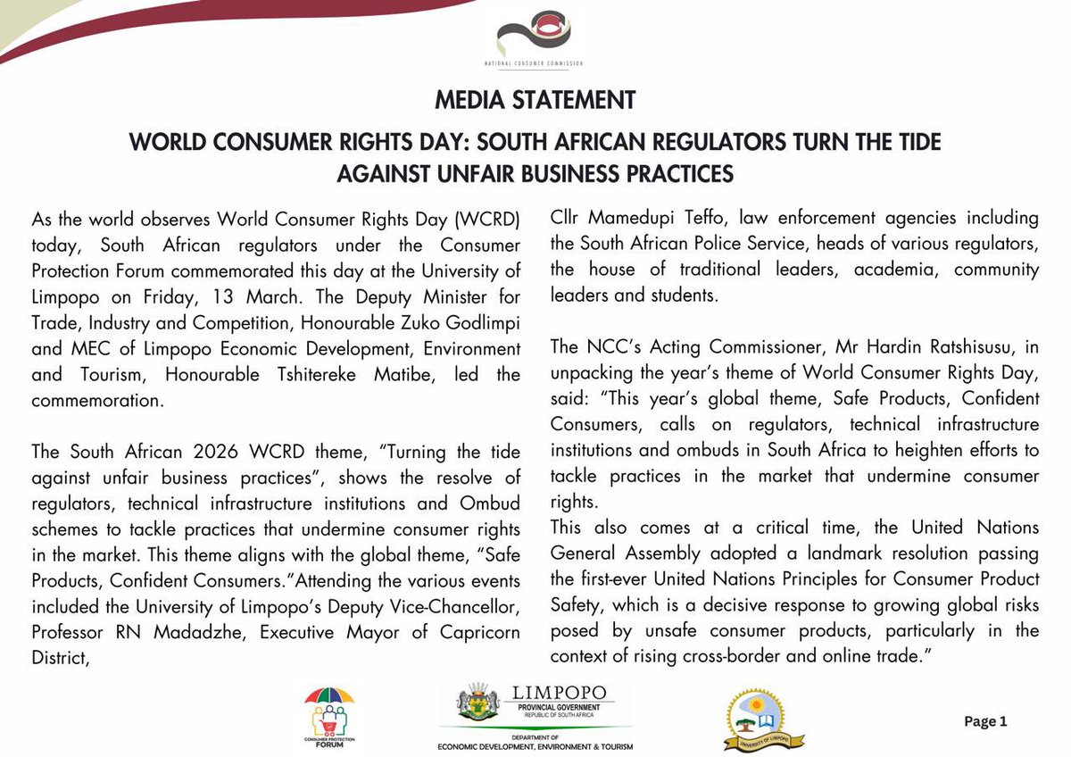 TheNCC_RSA's tweet photo. Today marks World Consumer Rights Day.Know your rights as they are too important to be ignored!
#TurningTheTideAgainstUnfairBusinessPractices
#safeproducts
#ConfidentConsumers.
#WCRD2026 #ConsumerRights https://t.co/huUXBUKIZW