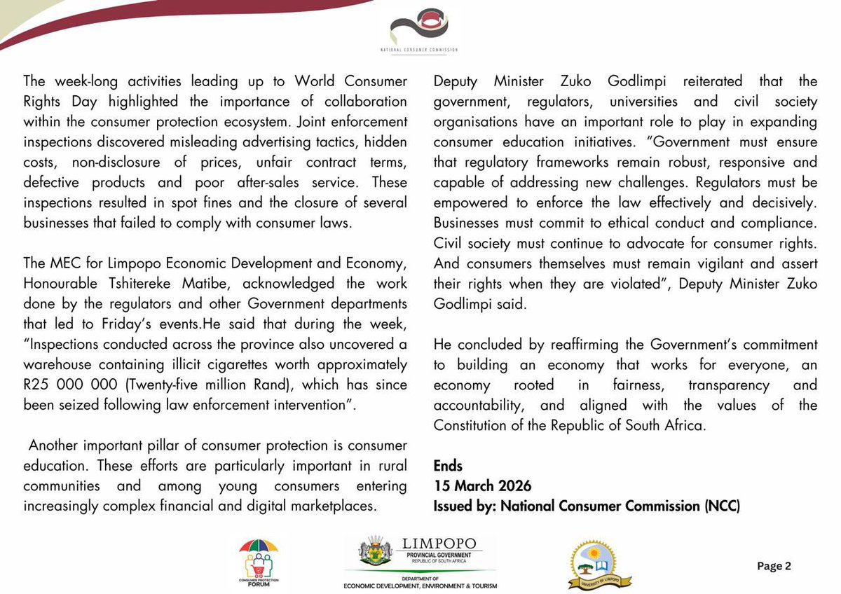 TheNCC_RSA's tweet photo. Today marks World Consumer Rights Day.Know your rights as they are too important to be ignored!
#TurningTheTideAgainstUnfairBusinessPractices
#safeproducts
#ConfidentConsumers.
#WCRD2026 #ConsumerRights https://t.co/huUXBUKIZW