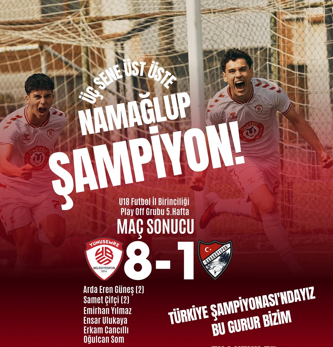 ÜÇ YIL ÜST ÜSTE NAMAĞLUP ŞAMPİYON!🏆🥇

Yunusemre Belediyesporumuz, U18 Futbol İl Birinciliği Play Off Grubu son maçında Karaköyspor'u 8-1 mağlup ederek bu sezon da il şampiyonu oldu ve adını Türkiye Şampiyonası'na yazdırdı.

Bekle bizi Türkiye Şampiyonası, son şampiyon geliyor!