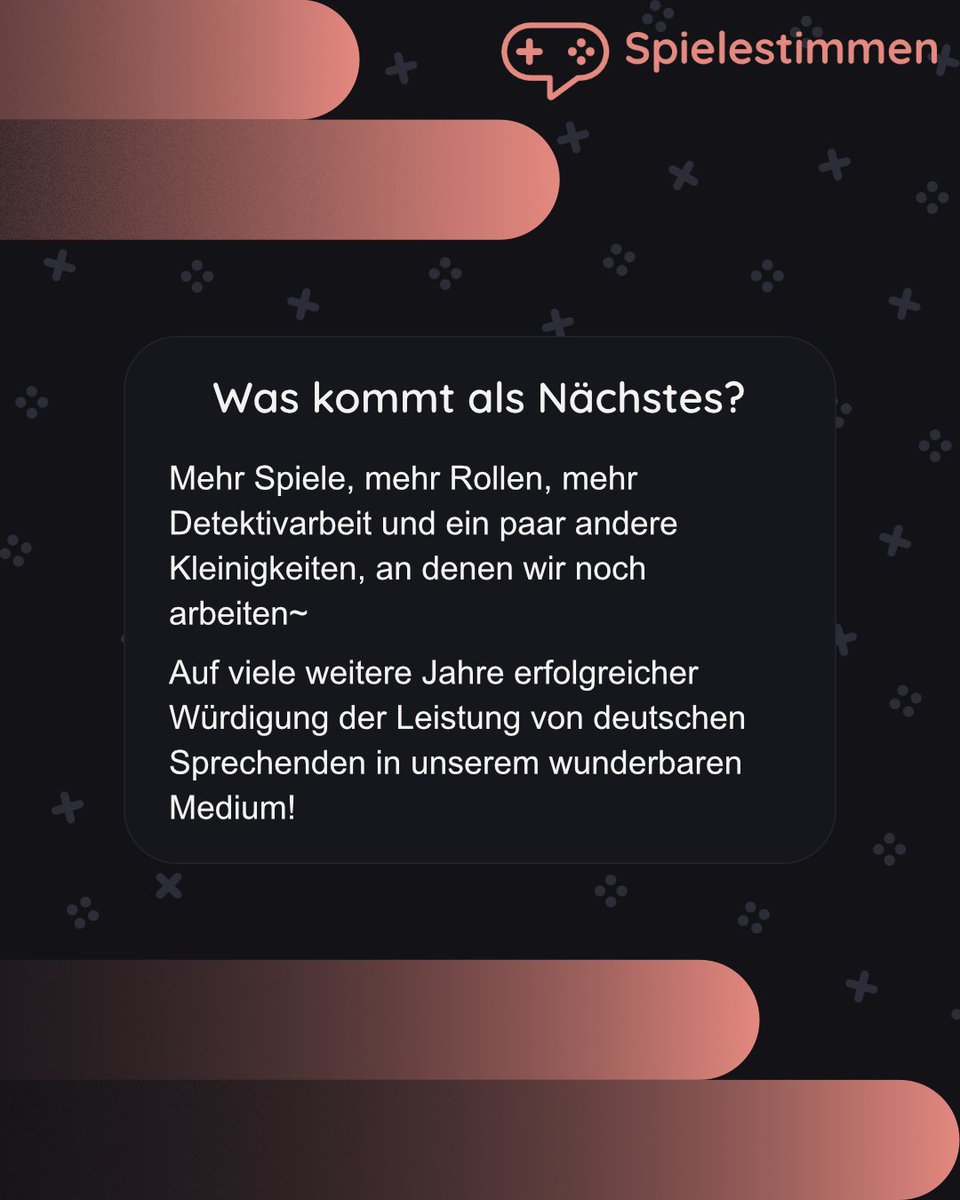 spielestimmen's tweet photo. Danke an alle, die uns unterstützt haben, und danke für jede noch so kleine Einreichung. Jede Rolle zählt, etwas zur Anerkennung dt. Lokalisationen beizutragen, und wir werden auch weiter diese wunderbare Kunstform zu dokumentieren. 

Auf weitere erfolgreiche Jahre🎉 https://t.co/IhLdehPHcd