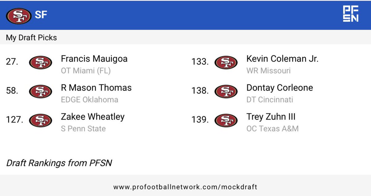 Samjedom's tweet photo. Vu que c’est de saison … mock draft des 49ers 🤞🏻 https://t.co/GXOPFdr0bd