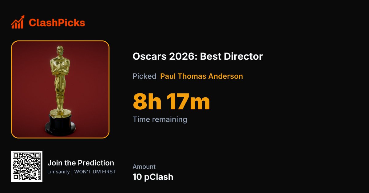 The Oscars are tonight 🎬

Every year the Academy Awards honor the best in filmmaking, and Best Director is one of the biggest awards of the night.

Who wins Best Director in 2026? 👀

Make your prediction using free pClash 
clashpicks.com/event/oscars-2…