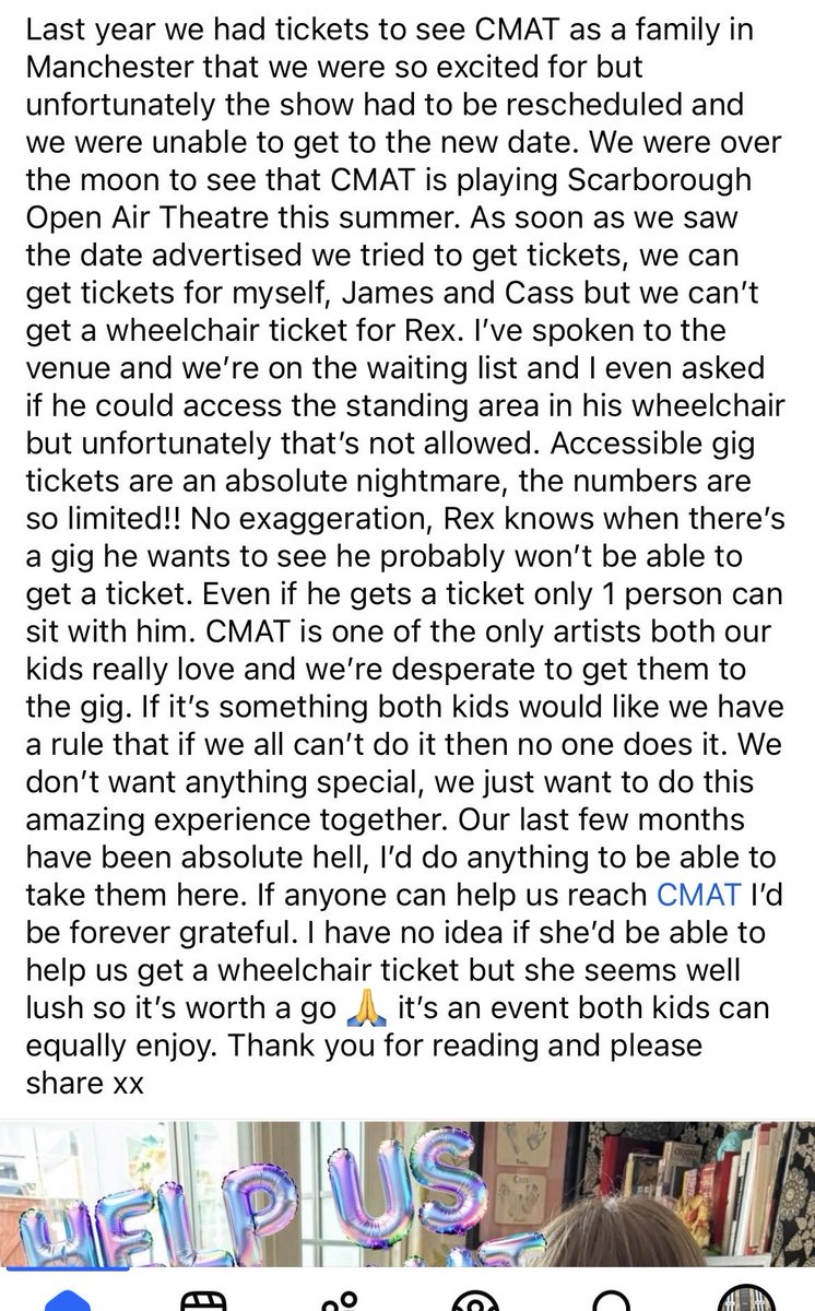 vickysusan's tweet photo. Please share to reach @cmatbaby 
A lovely friend of mine is desperate to be allowed to buy wheelchair accessible tickets to see CMAT in Scarborough. Please read share and help if you can. @ScarboroughOAT #cmat #SMA https://t.co/10zvcuZS93