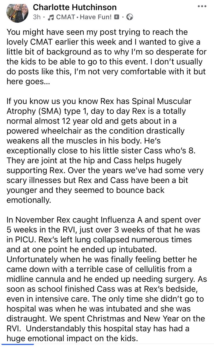 vickysusan's tweet photo. Please share to reach @cmatbaby 
A lovely friend of mine is desperate to be allowed to buy wheelchair accessible tickets to see CMAT in Scarborough. Please read share and help if you can. @ScarboroughOAT #cmat #SMA https://t.co/10zvcuZS93
