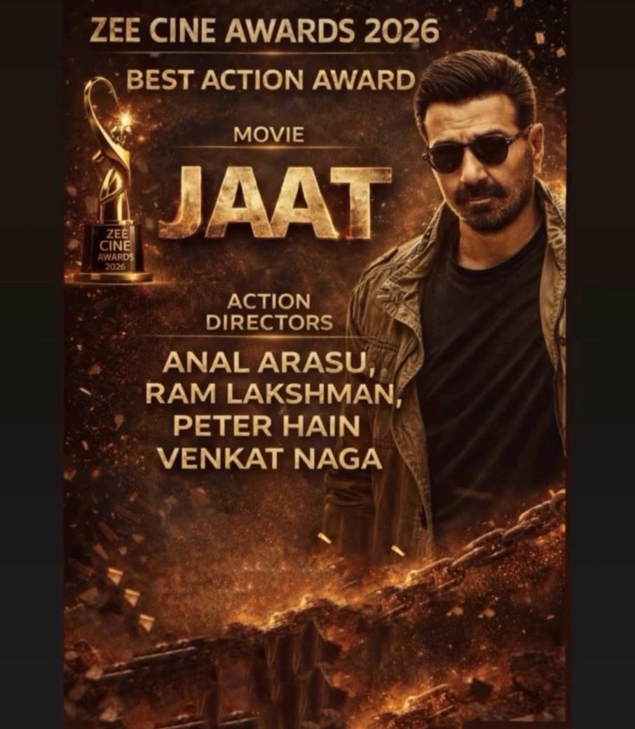 GemsShoots's tweet photo. Congratulations to the entire team of #JAAT on winning the Best Action Award at Zee Cine Awards 2026. 👏🔥
Kudos to #AnalArasu #RamLakshman #PeterHein #VenkatNaga for the power-packed action work.
Special appreciation to director @megopichand for his strong storytelling and leadership.
Well deserved recognition. Wishing the team many more milestones ahead.