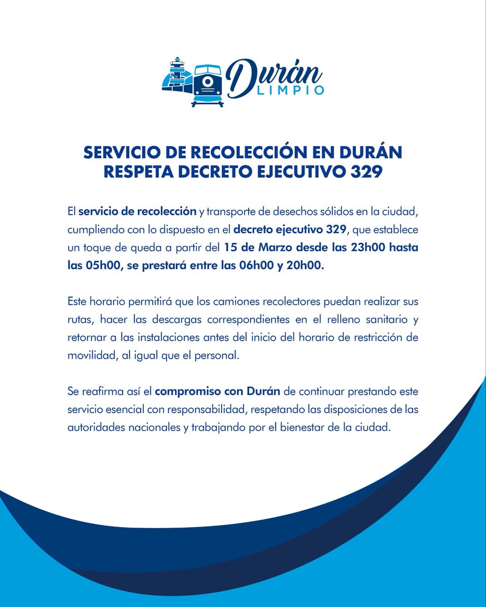 DuranLimpio's tweet photo. 📍Comunicado sobre el servicio de recolección y transporte de desechos sólidos durante el toque de queda https://t.co/gz3iZm0kTp