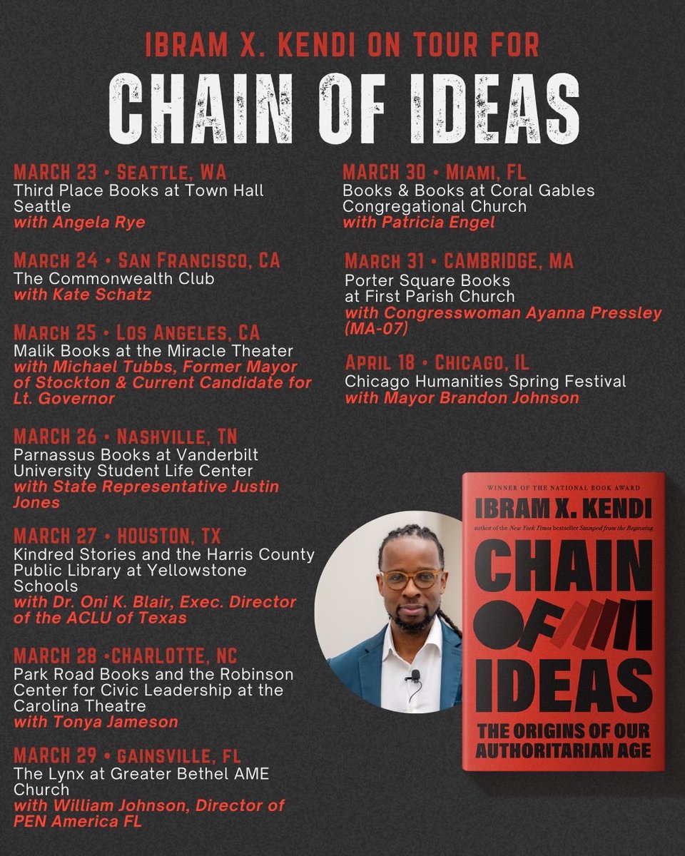 ibramxk's tweet photo. Introducing the complete fliers for my Chain of Ideas book tour in the U.S. With all the moderators. With one new VIRTUAL event on the International Day for the Elimination of Racism.

So let me take this opportunity to thank all the organizers, moderators, and booksellers, as well as the thousands of people planning to come. Keep showing up.👊🏿

Tour 🎟️ https://t.co/1xjmROtc6R