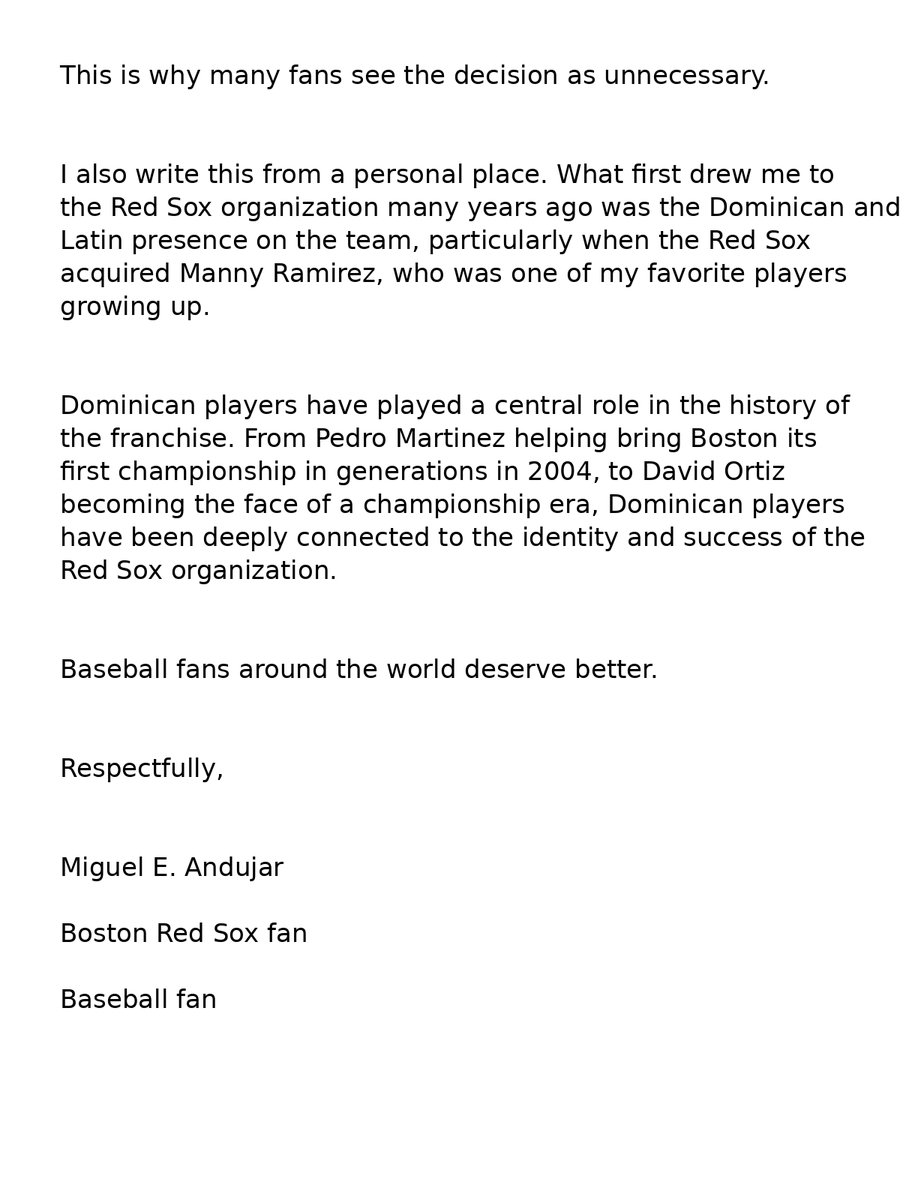Open letter to MLB Commissioner Rob Manfred and the Boston Red Sox regarding Bryan Bello and the World Baseball Classic.
As a lifelong Red Sox fan and the son of Dominican parents, I felt compelled to write this. <a href="/MLB/">MLB</a> <a href="/RedSox/">Red Sox</a> <a href="/WBCBaseball/">World Baseball Classic</a> <a href="/PatMcAfeeShow/">Pat McAfee</a> <a href="/stephenasmith/">Stephen A Smith</a>