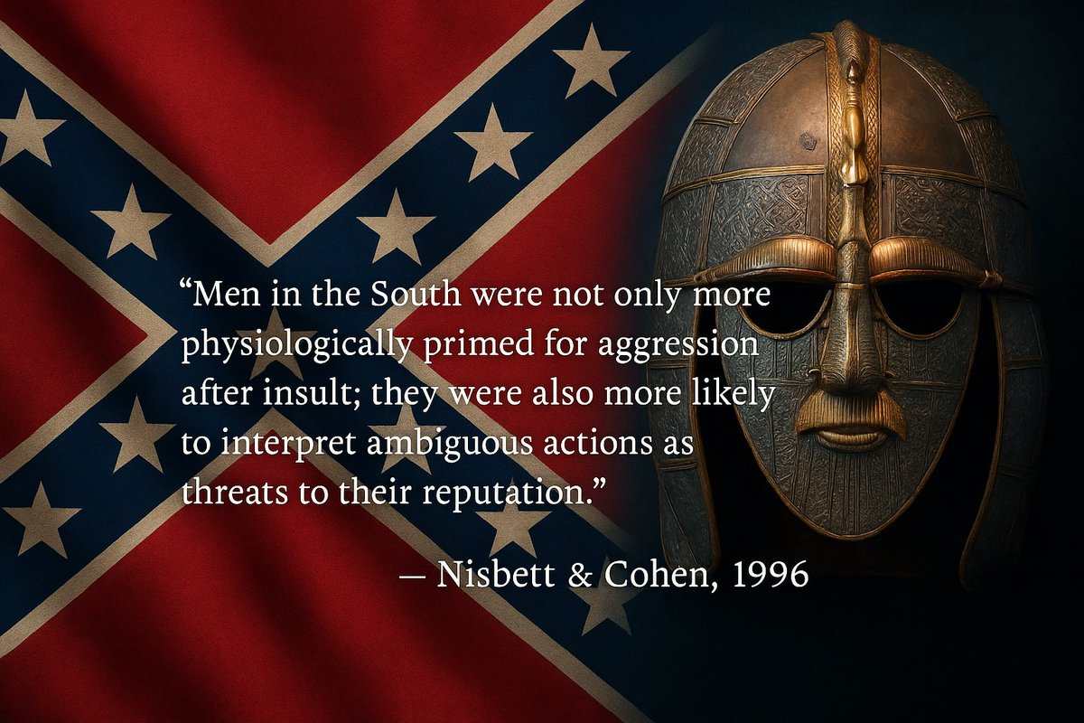 Englishremnant's tweet photo. The Deep South is ancestry.

Southern honour culture comes from the same Anglo-Saxon and borderland stock that shaped rural England: hard people who valued loyalty, reputation, family, and a quick response to disrespect. Those traits were formed over centuries in harsh conditions where a man’s word and standing meant everything.

When many of those people crossed the Atlantic, they carried that mindset with them. The land changed, but the character didn’t. In many parts of the South you can still see the same fierce independence, pride in one’s name, and loyalty to kin that once defined rural England and the old borderlands. 🏴󠁧󠁢󠁥󠁮󠁧󠁿