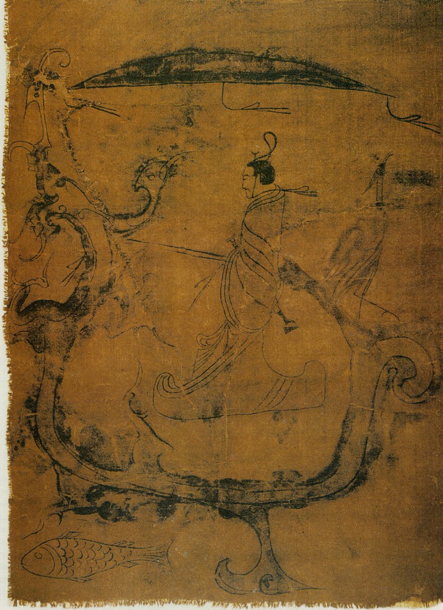 CarlZha's tweet photo. 2,300 yr old silk painting depicting a man riding a dragon, excavated in 1973 from the late Warring State Period Chu tomb in Changsha.

1 of the earliest extant paintings of a person in Chinese history. It's 1 of the artifacts that's forbidden to leave China. 

A man with a sword is riding a dragon by holding the rein. The dragon's body was given the shape of a boat. Umbrella over the boat denotes man's noble status