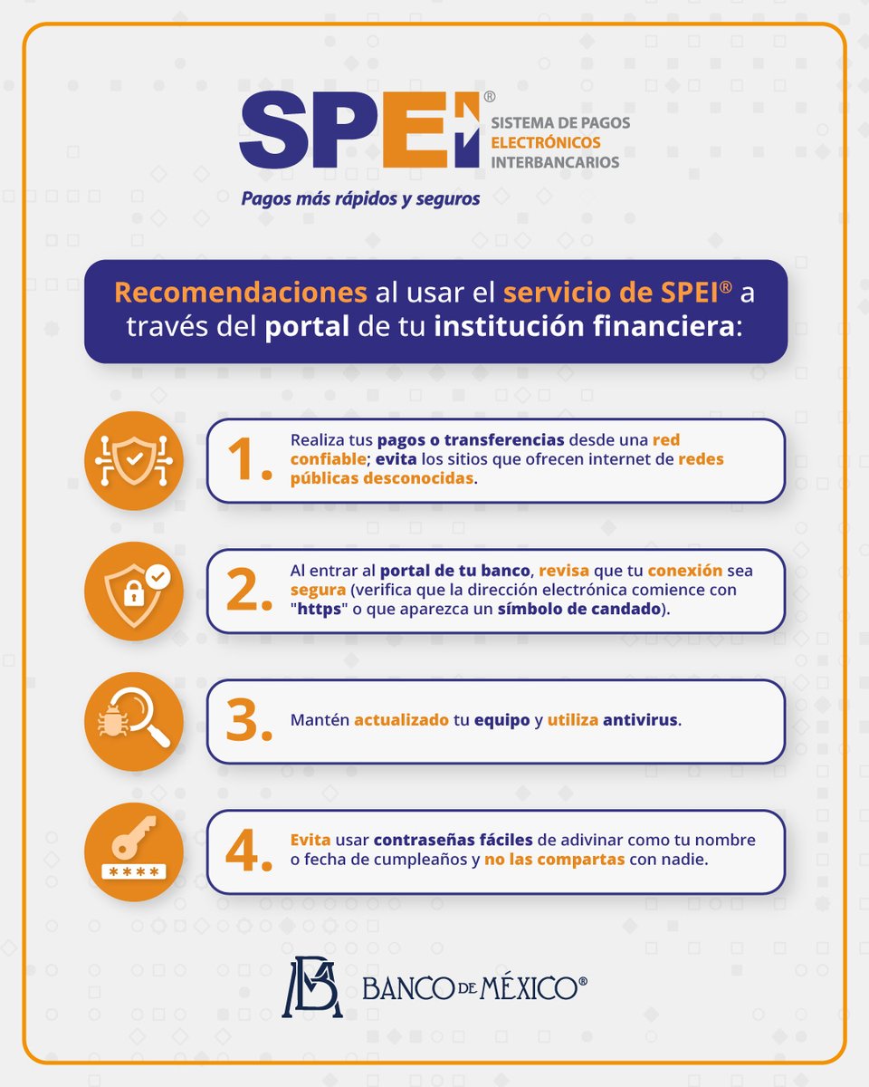 Banxico's tweet photo. 📲🔐 Tu seguridad es clave al usar #SPEI®.
Toma en cuenta estas recomendaciones y protege tu información. https://t.co/dgrarTttBg