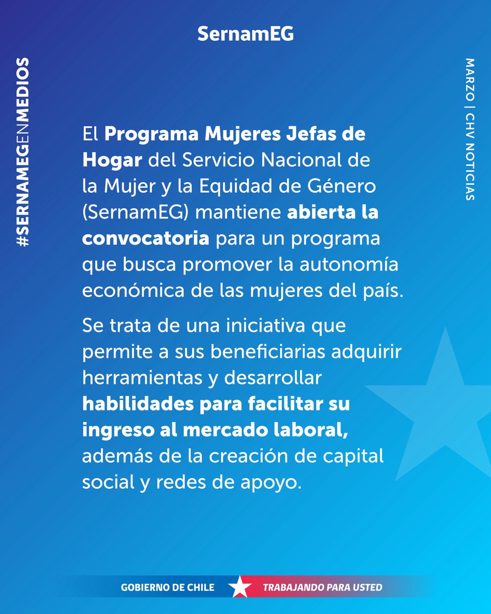 #SernamEGEnMedios

💻 Te invitamos a leer la noticia de <a href="/chvnoticias/">CHV Noticias</a> sobre nuestro Programa Mujeres Jefas de Hogar.

¡Recuerda que aún están abierta las postulaciones!

📲Infórmate y postula en sernameg.gob.cl