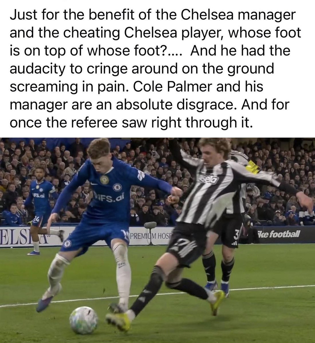 officialcole09's tweet photo. Next time #NUFC “cook” Chelsea can we ask that you show a little respect with your embarrassing “huddle” &amp; not claim penalties when your attacker fouls our player. https://t.co/dumfIgC8MV