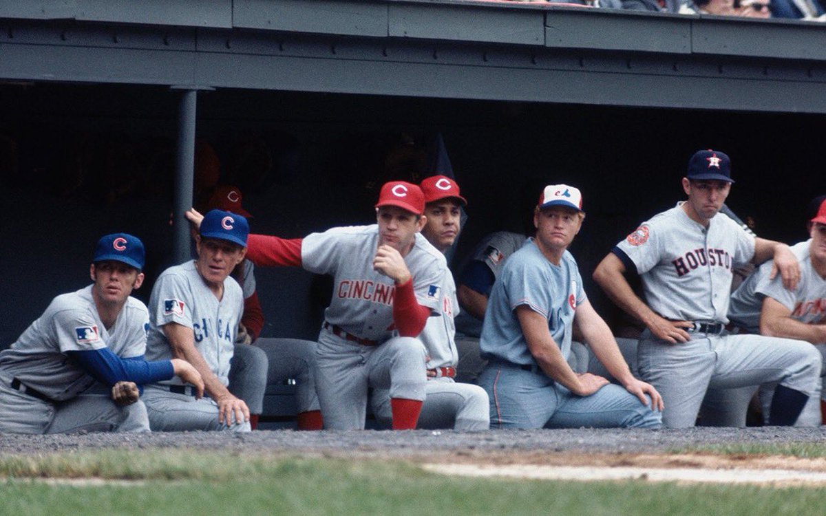 sigg20's tweet image. “Old Days”The NL Team watches the action from the Dugout during the 1969 All Star Game in Washington DC.#1960s #WashingtonDC #AllStarGame #Mlb