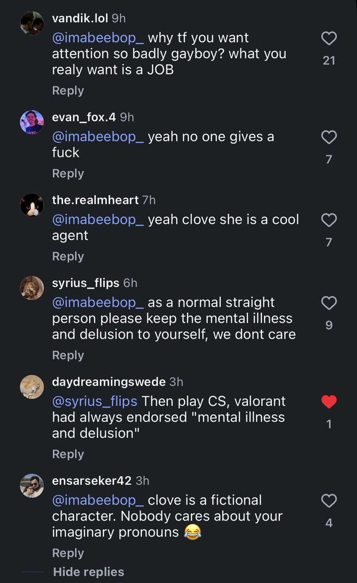 A lot of VALORANT creators still use she/her pronouns for Clove.

Asking for they/them pronouns to be used gets responses like this.

I just want my rep in peace. It's really not that deep or that hard.