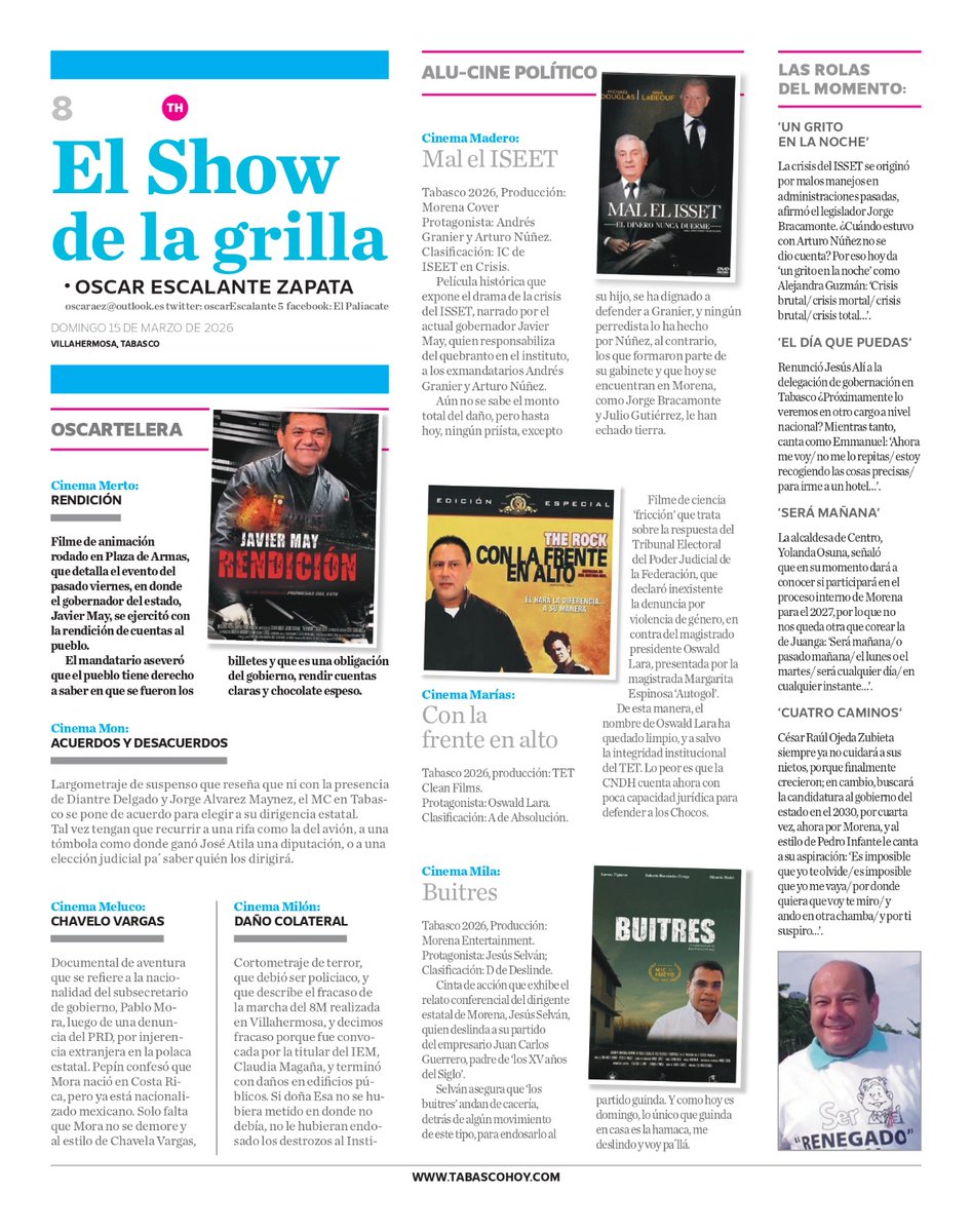 Buen día, les comparto la página de humor político 'El Show de la Grilla' en <a href="/TabascoHOY/">Tabasco HOY</a> domingo 15 de marzo de 2026.