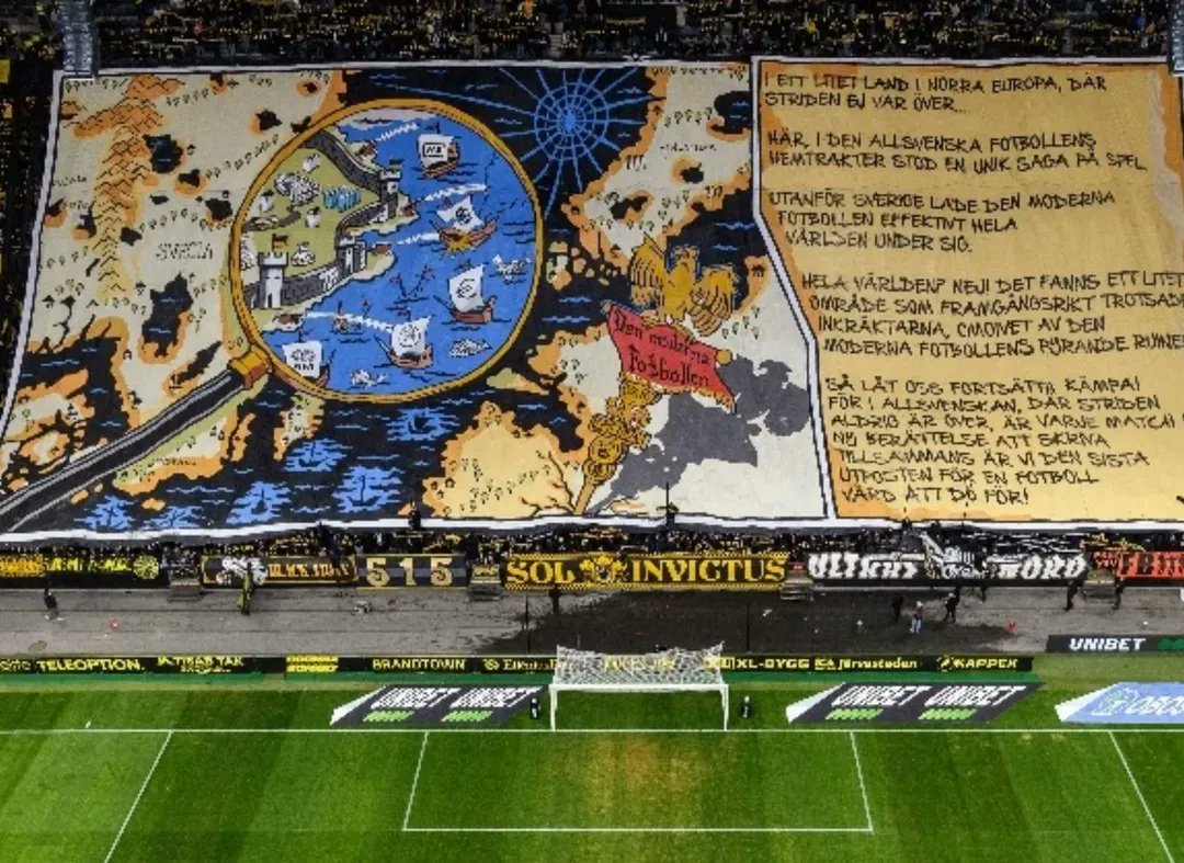 thecasualultra's tweet photo. Sunday story time ☕📰📢⚽
“BLACK AND YELLOW LEGACY: AIK AND THE SPIRIT OF STOCKHOLM” 🇸🇪⚫🟡

Founded in 1891, AIK is one of the oldest and most historic football clubs in Sweden. The club was established in the heart of Stockholm and quickly became a symbol of pride for the capital. AIK’s football section was formed in 1896, making it one of the pioneers of organized football in the country. Throughout its long history, AIK has built a reputation as one of the most traditional and passionate clubs in Swedish football, winning multiple Allsvenskan league titles and Swedish Cups while maintaining a strong identity tied to Stockholm’s working-class districts. 
Fans of the club are referred to as AIK:are or gnagare (meaning rodent); both words are the same in singular and plural. Although AIK fans can be found all over Stockholm and Sweden, the northwestern central Stockholm urban area is considered the club's stronghold. Black Army – Stockholm was formed in 1981 and is today the biggest supporter group of AIK. 

During the 1980s and 1990s, Black Army wrought havoc around the country, making national headlines, as a result of which another supporter group, Allmänna Supporterklubben (the General Supporters Club), was created in 2000 as an alternative. In 2002 Allmänna Supporterklubben was renamed to the much more AIK related name "Smokinglirarna" (roughly, "The Players", literally "the Black Tie Players"). In 2002 an ultras group was formed, Ultras Nord (Ultras North), and two years later, 2004, Sol Invictus was formed. Black Army, Smokinglirarna, Ultras Nord, and Sol Invictus together with AIK-Tifo form the so-called AIK-Alliansen (the AIK Alliance).AIK's main rival is Djurgårdens IF, also formed in 1891 in Stockholm, just three weeks after AIK. AIK also maintains a strong animosity towards the third major Stockholm side Hammarby IF. 

The club's biggest rival outside the Stockholm urban area is IFK Göteborg, Leksands IF, and Malmö FF.Firman Boys (FB91) is a prominent Swedish hooligan firm associated with AIK Fotboll, established in 1991 following a breakaway from the supporter group Black Army.

They are considered one of Sweden's most active firms, with an estimated membership of 400–500, often operating without official affiliation to the club.