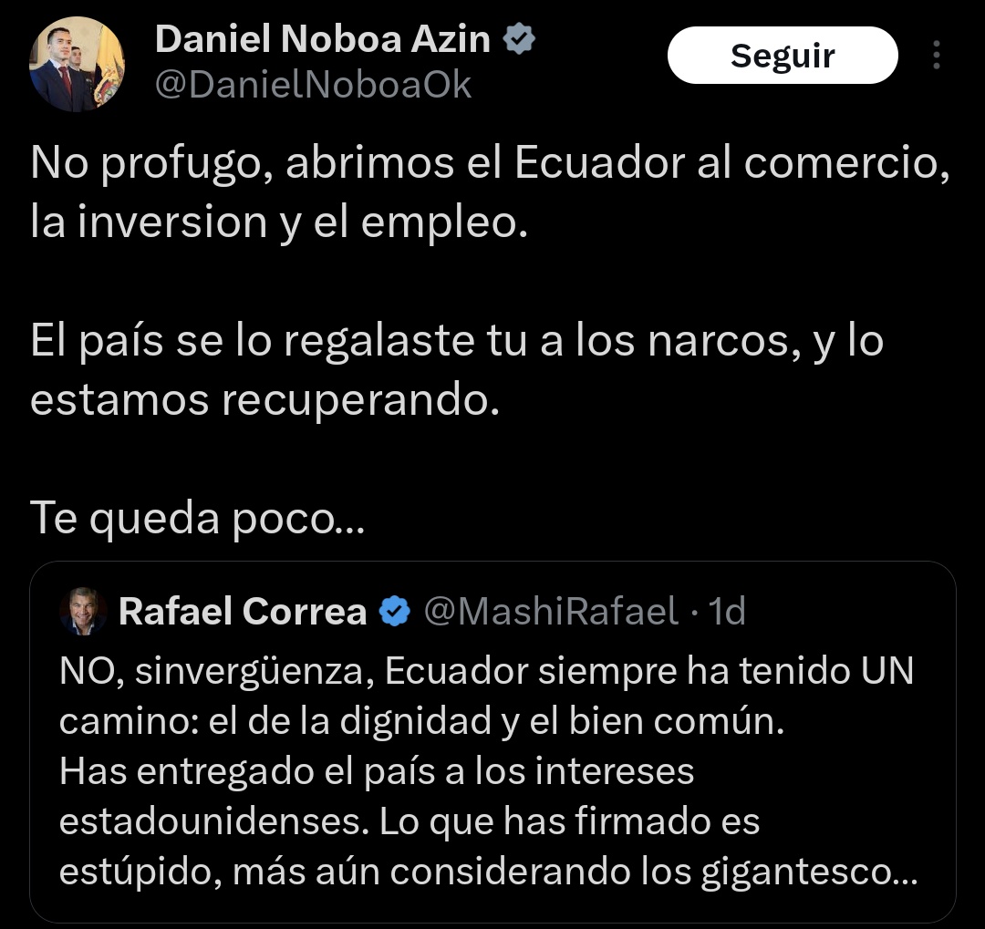 EmmaRincon's tweet photo. La respuesta del presidente Noboa al socialista Rafael Correa. https://t.co/nsivLWkOgQ