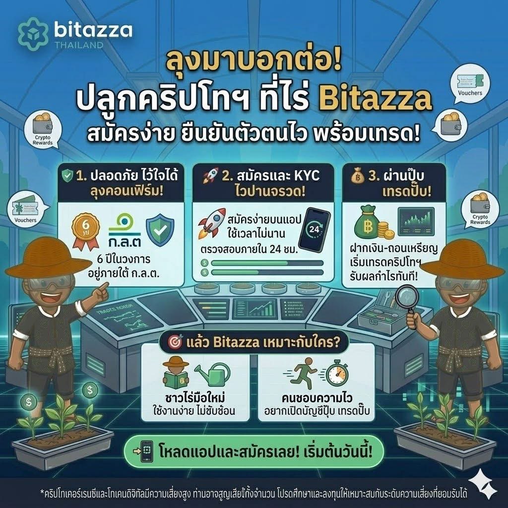 👨‍🌾 ลุงมาบอกต่อ! อยากปลูกคริปโทฯ ให้งอกเงย เริ่มต้นง่ายๆ ที่ไร่ Bitazza สมัครปุ๊บ ยืนยันตัวตนปั๊บ พร้อมเทรดเลยหลานเอ๊ย! 🌱✨

สวัสดีหลานๆ ทุกคน! วันนี้ลุงแวะมาบอกข่าวดี สำหรับใครที่กำลังด้อมๆ มองๆ อยากลองเข้ามาทำฟาร์ม (ลงทุน) ในโลกคริปโทฯ แต่กลัวยุ่งยาก กลัวรอนาน