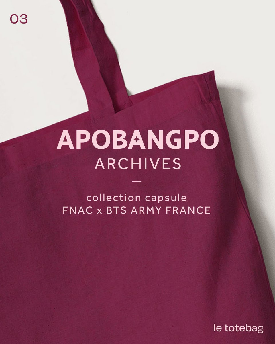 ARMYFRANCE_'s tweet photo. [FNAC X BTS ARMY FRANCE]

ARMYs, 

On vous dévoile aujourd'hui le nom de notre collection en collaboration avec la @Fnac : APOBANGPO ARCHIVES 💜

Un nom qui fait référence aux souvenirs qui lient BTS et ARMY depuis tant d'années !

Dans cette collection, vous pourrez retrouver : 
• Un hoodie
• Un t-shirt
• Un totebag 
• Une casquette
• Des pins (5 versions)
• Des patchs (4 versions)

Quel(s) élément(s) avez-vous le plus envie de découvrir ? 👀

🧵 1/2