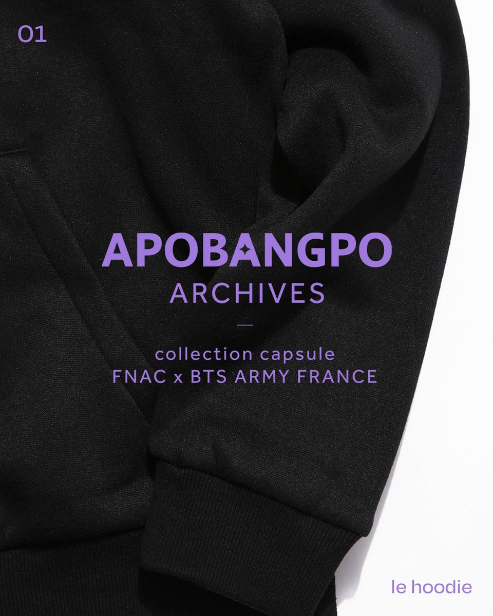 ARMYFRANCE_'s tweet photo. [FNAC X BTS ARMY FRANCE]

ARMYs, 

On vous dévoile aujourd'hui le nom de notre collection en collaboration avec la @Fnac : APOBANGPO ARCHIVES 💜

Un nom qui fait référence aux souvenirs qui lient BTS et ARMY depuis tant d'années !

Dans cette collection, vous pourrez retrouver : 
• Un hoodie
• Un t-shirt
• Un totebag 
• Une casquette
• Des pins (5 versions)
• Des patchs (4 versions)

Quel(s) élément(s) avez-vous le plus envie de découvrir ? 👀

🧵 1/2