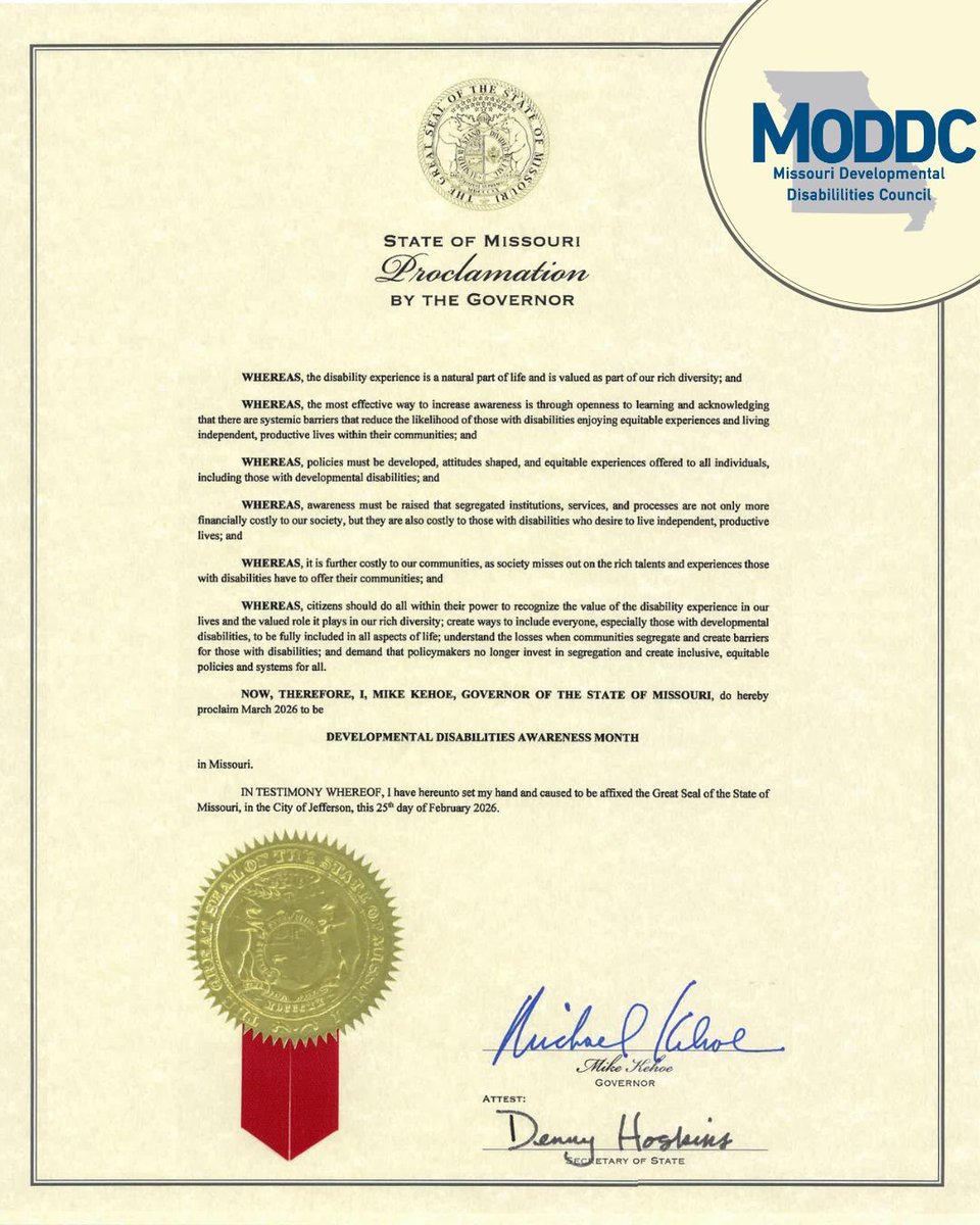 It's #DevelopmentalDisabilitiesAwarenessMonth in #Missouri! Thanks <a href="/GovMikeKehoe/">Governor Mike Kehoe</a> for officially proclaiming this month to highlight the need for equitable living and the end of systemic barriers. Let's work together for an inclusive MO!

#DDAM2026 #Disabilities #DisabilityRights