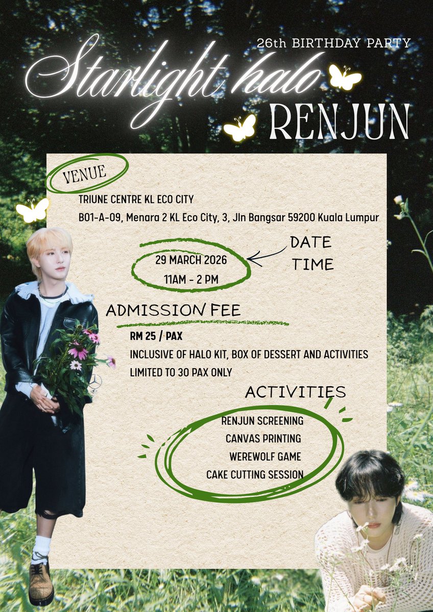 Starlight Halo ᭝ ᨳଓ ՟
Renjun 26th Birthday Party in Kuala Lumpur 

📆 29/03/2026, Sunday 
⏰ 11:00 am - 2:00 pm 
📍Triune KLEC 

Reservation form will be released on 16/03 (12PM) °˖➴

#StarlightHaloRJ