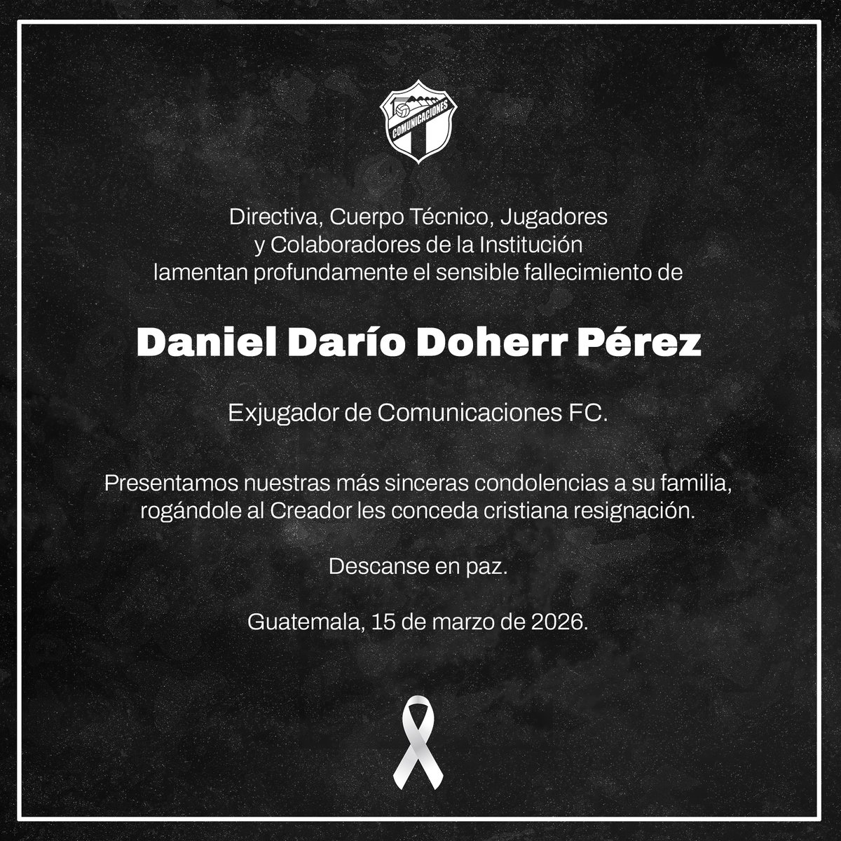 Comunicaciones FC lamenta profundamente el sensible fallecimiento de Daniel Darío Doherr Pérez.