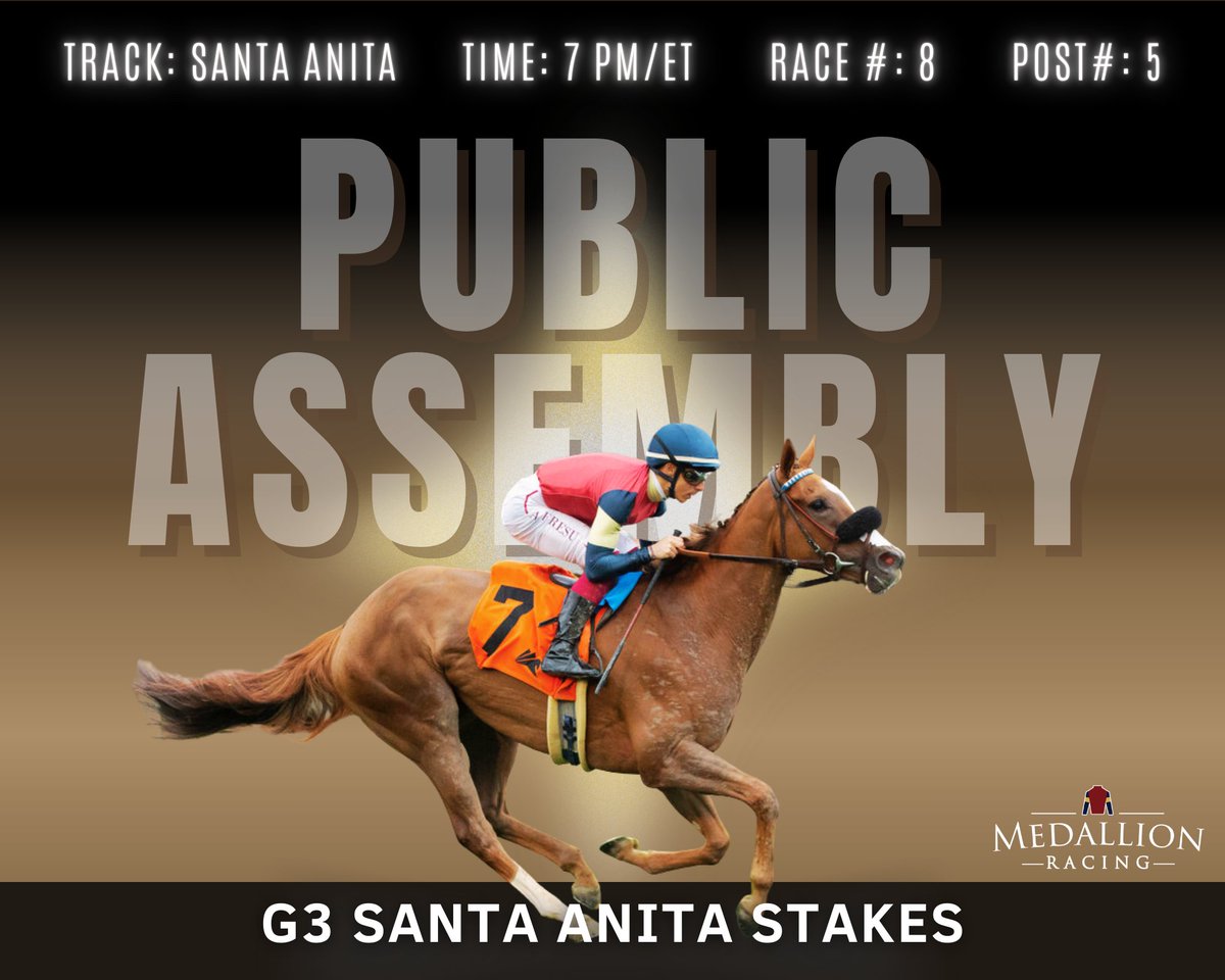 MedallionRacing's tweet photo. Good luck to Public Assembly today in the G3 Santa Anita Stakes!
She runs in Race 8, breaking from Post 5, with a 7:00 PM ET post time.
Wishing her a safe trip and a big performance! #PublicAssembly #SantaAnitaStakes #HorseRacing #GradedStakes #MedallionRacing https://t.co/zkDPEAwVPA