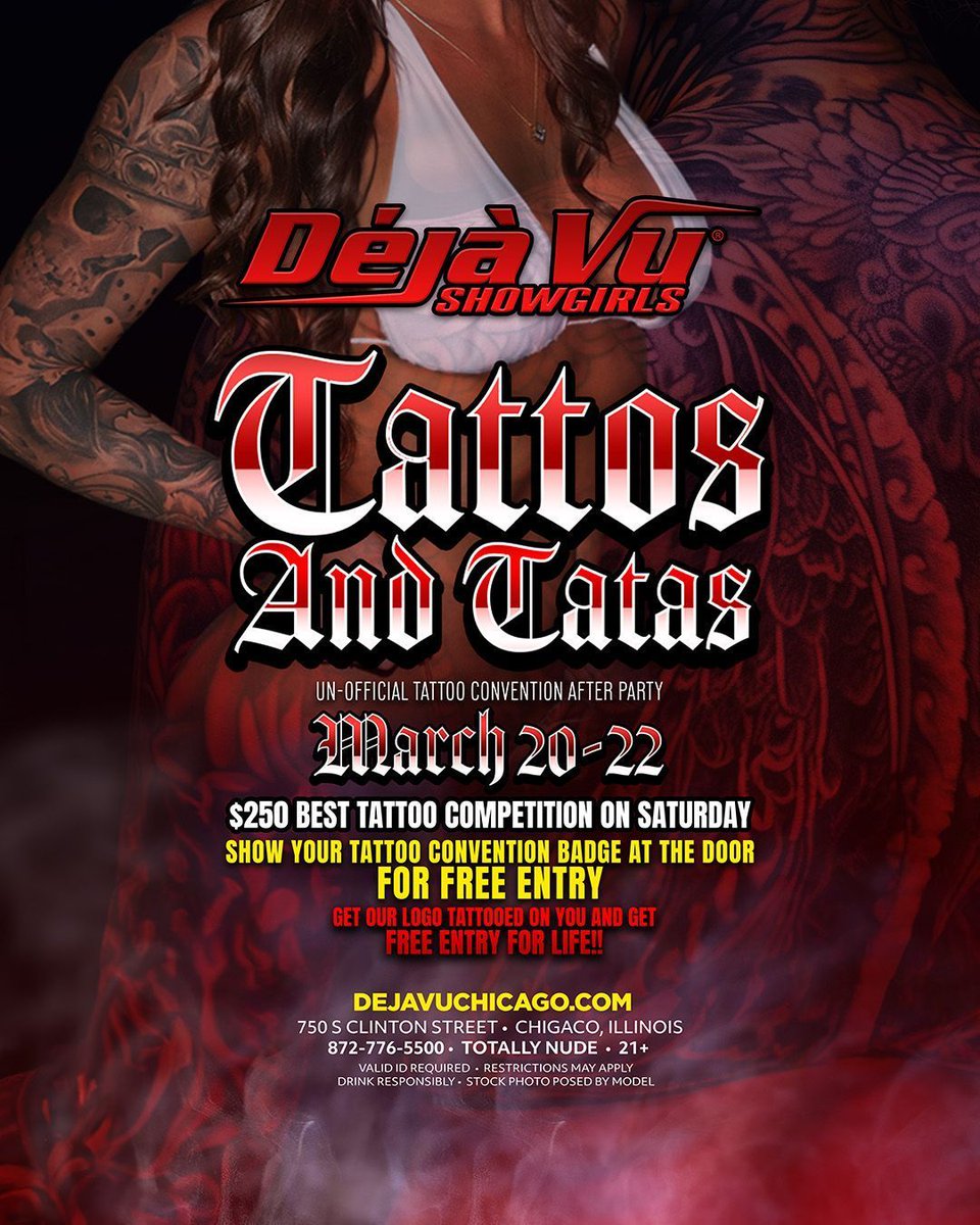 vu_chicago's tweet photo. Last call to plan your weekend: Tattos &amp; Tatas hits March 20–22. Badge holders get FREE entry at the door. #DejaVuChicago #Chicago #WeekendCountdown #TattooConvention https://t.co/ti9Zb0FlIX