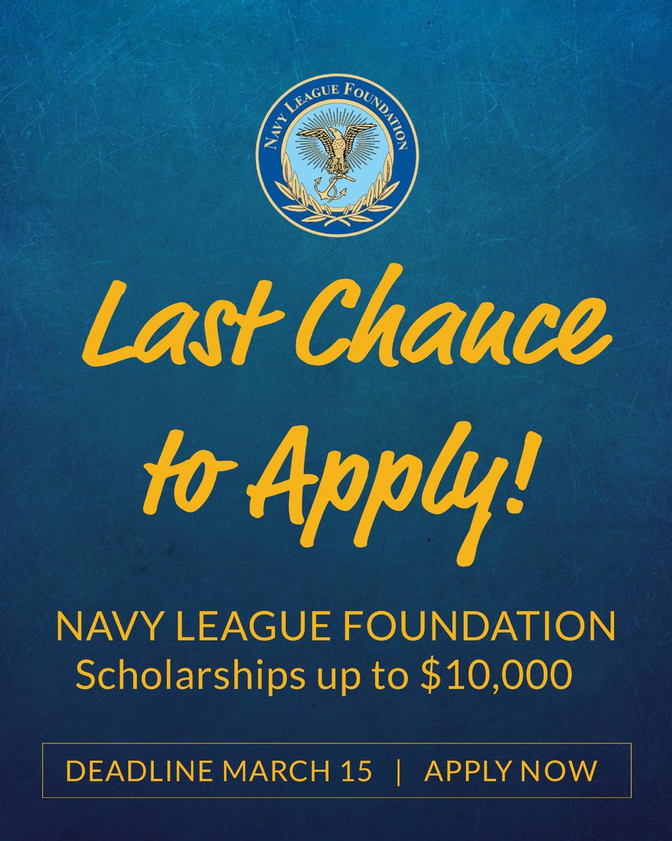 NavyLeagueUS's tweet image. 🚨 TODAY IS THE LAST DAY! The Navy League Foundation's scholarship deadline is TODAY March 15, 2026. 7 scholarships still available. Apply RIGHT NOW at hubs.la/Q046Rlbg0 before midnight! ⚓

#NavyLeague #LastDay #Scholarship #ApplyNow #MilitaryFamilies #DeadlineToday