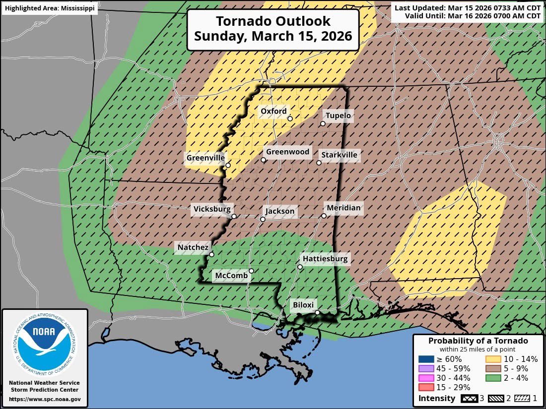 🚨 SEVERE WEATHER | Lafayette County &amp; Oxford

Enhanced Risk (3/5) for severe storms TODAY, Sunday March 15. Storms most likely to start between 5-6pm. 

⚡ PRIMARY THREAT: Damaging winds up to 80 mph within storms.
🌪️ Tornadoes possible — may spin up quickly with little warning.