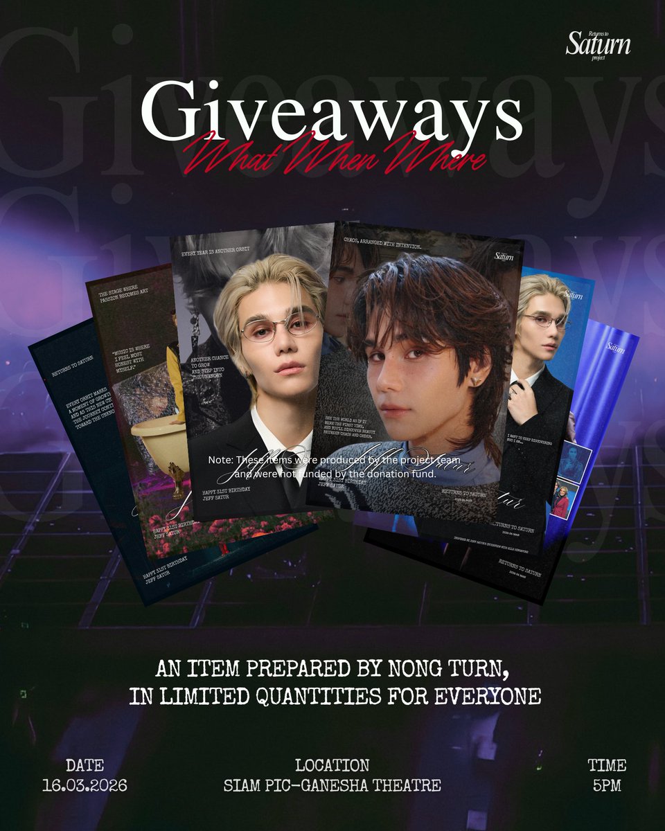 giveaways for ;
#JeffSatur #JeffSatur31stBirthday #JeffSaturReturnsToSaturnBirthdayFanSign 🌙🪐

16/03/26
🗓️ Random Postcard 1 of 6 *limited quantity
📍: Siam Pic-Ganesha Theatre
⏰: 5PM

เพียงคอมเมนต์ว่าอยากเห็นอะไรในวันพรุ่งนี้ ✨
Comment what you want to see tomorrow.