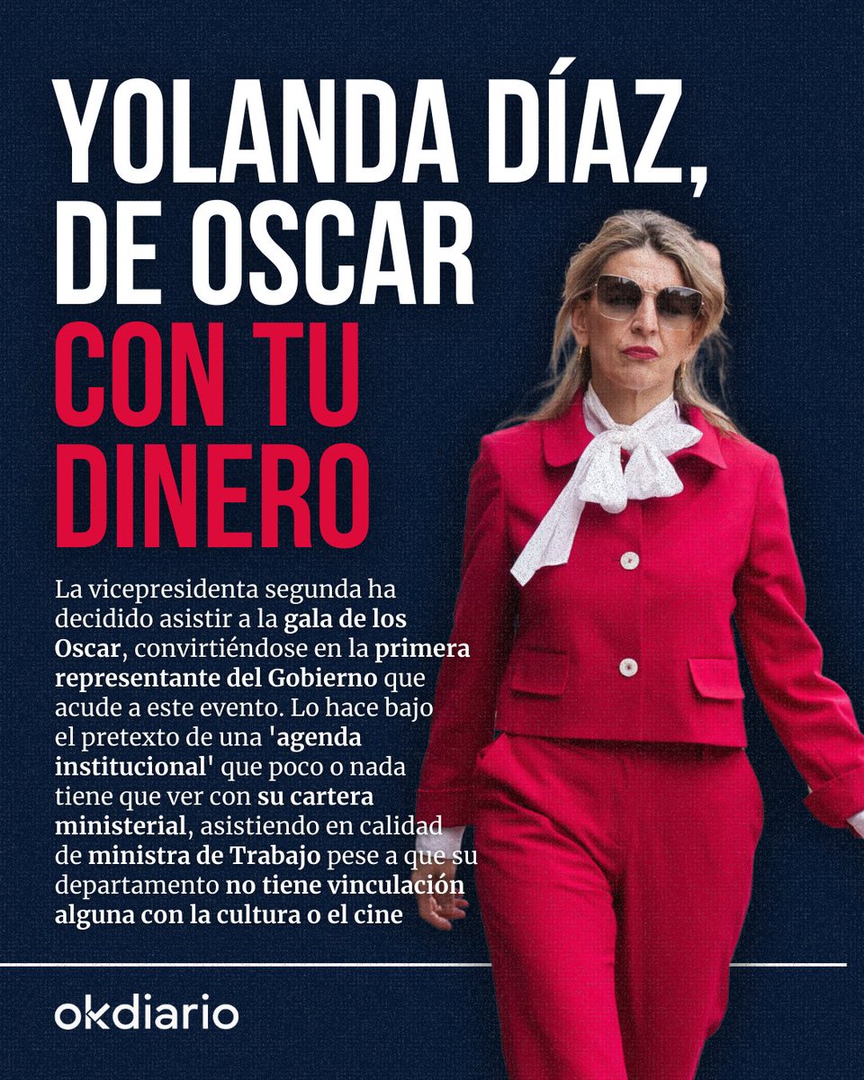 💶 ¡De Oscar con tu dinero!

Yolanda Díaz es la primera del Gobierno en ir a los Oscar bajo una 'agenda institucional' que nada tiene que ver con su cartera. Acude como ministra de Trabajo pese a no tener vinculación alguna con el cine.

➡️ Más info: okdiar.io/4doxWCF