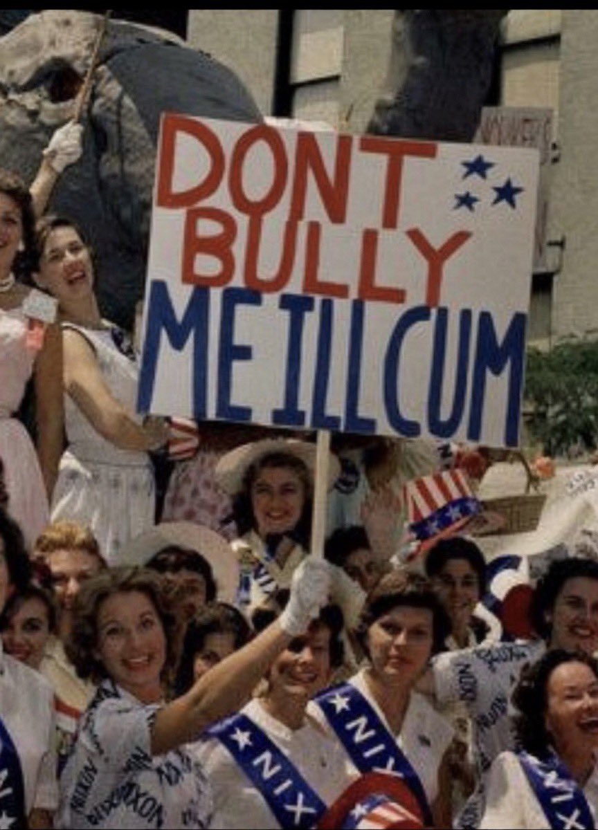 BovrilG's tweet photo. Female Nixon staffers posing with a campaign sign, 1972. The slogan, John Mitchell’s creation, reportedly “confused and unnerved” Nixon; it was withdrawn after three days. https://t.co/3KNGkSJuIX